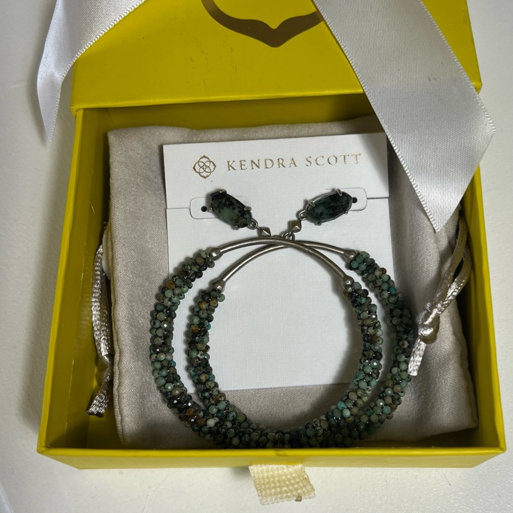 Kendra Scott Russel Drop Hoop Earrings African Turquoise Seed Beads Green